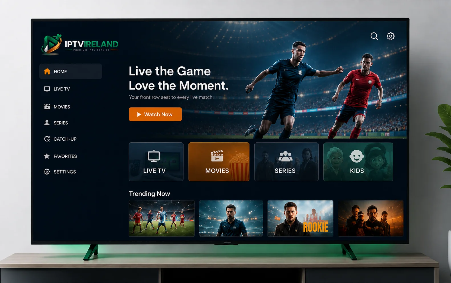 IPTV Ireland premium IPTV streaming interface displayed on a Smart TV with live TV, movies, series and sports